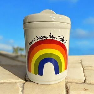 Vtg Califonis Pottery Rainbow 9” Ceramic Cookie Jar Have a Happy Day… Today!